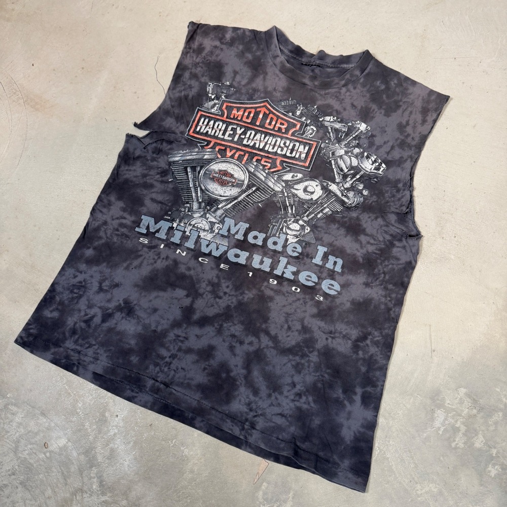 Vintage 1998 Harley Davidson Made In Milwaukee Tie Dye Sleeveless T-Shirt Mens L